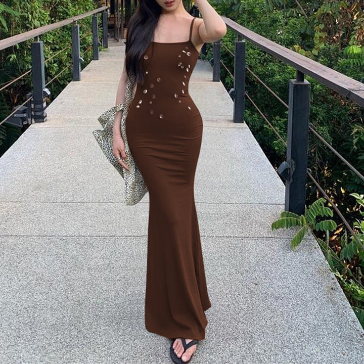 Damen figurbetontes Maxikleid mit schickem Spaghettiträger-Design und elegantem Glitzerakzent Drune