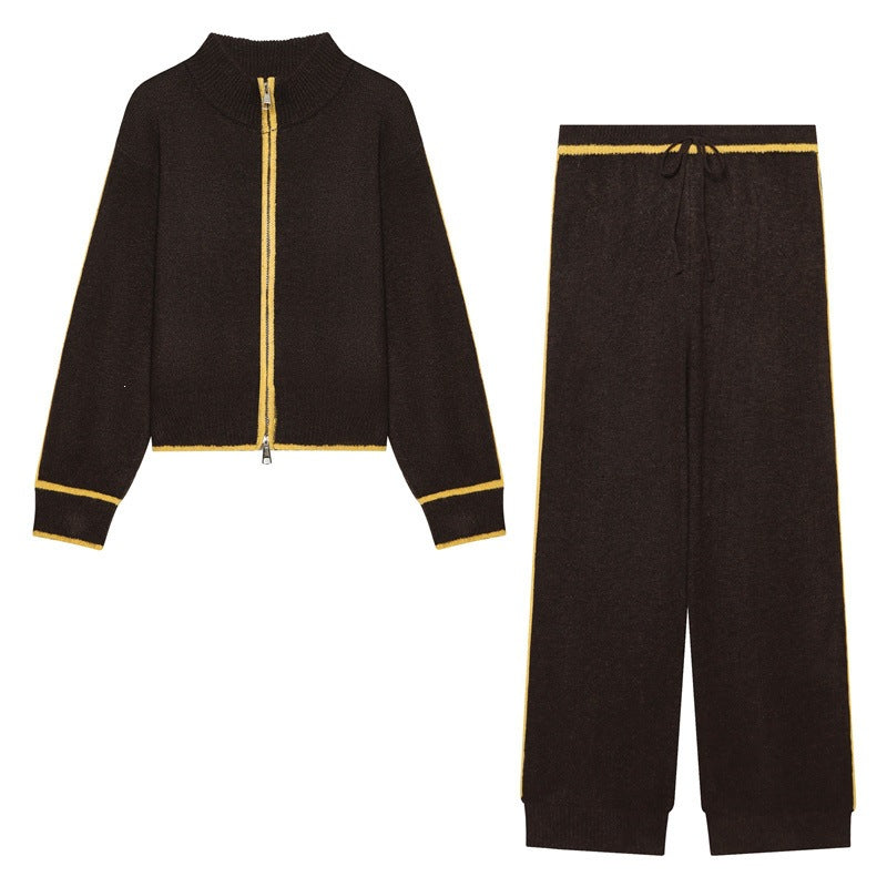 Damen Zweiteiliges Strick-Loungewear-Set mit kurzem Reißverschluss-Cardigan und hoher Bund-Palazzo-Hose Drune