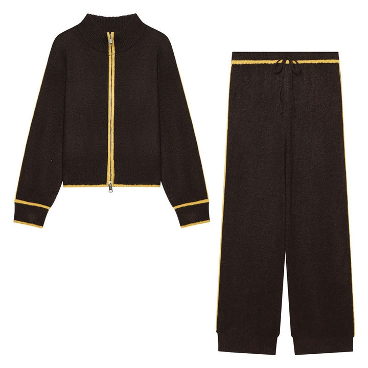 Damen Zweiteiliges Strick-Loungewear-Set mit kurzem Reißverschluss-Cardigan und hoher Bund-Palazzo-Hose Drune