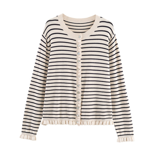 Damen gestreifte Strickjacke mit Rüschendetails und Knopfverschluss Drune