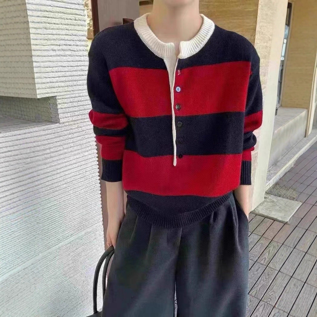 Damen kurzärmliger Strickpullover mit Knopfleiste und Kontraststreifen Drune