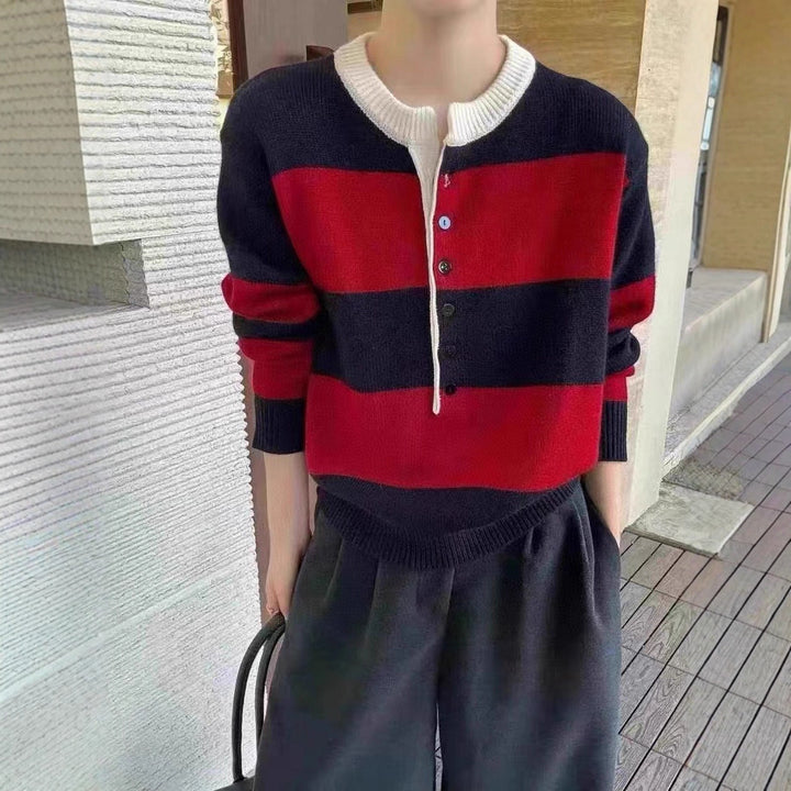 Damen kurzärmliger Strickpullover mit Knopfleiste und Kontraststreifen Drune