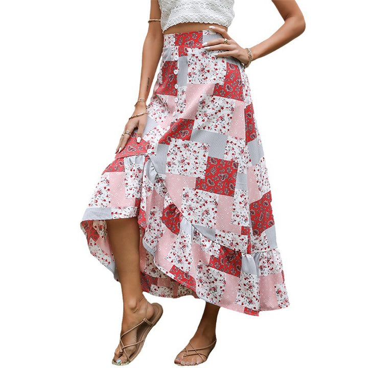 Damen Patchwork-Midirock mit Knopfleiste und asymmetrischem Volant Drune