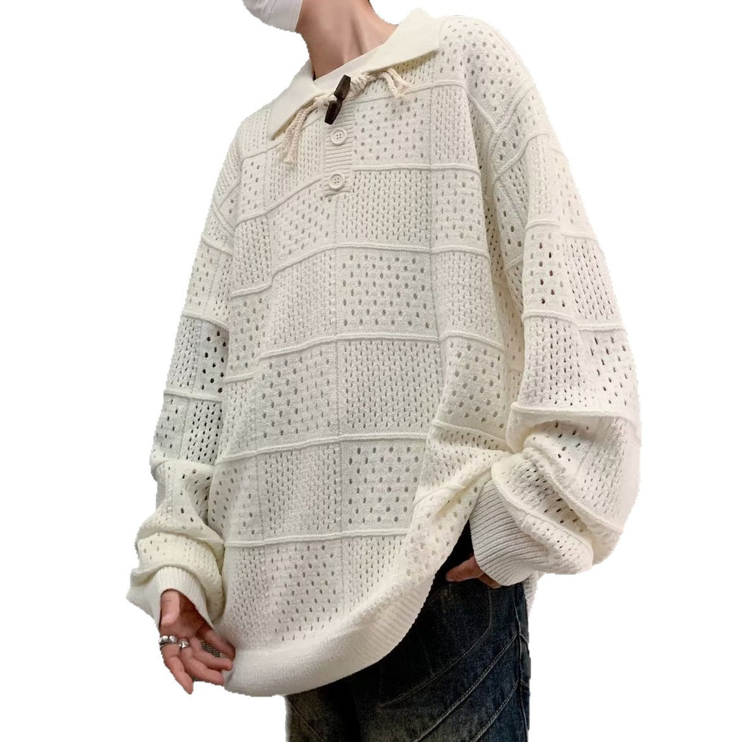 Herren Modischer Grobstrick Pullover mit Stehkragen und Knopfleiste Drune