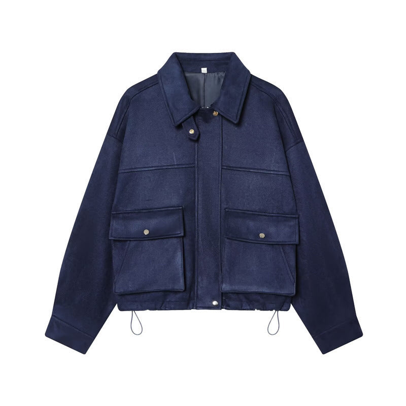 Damen Kurz geschnittene Boxy‑Veloursblousonjacke mit Pattentaschen und verdeckter Druckknopfleiste Drune