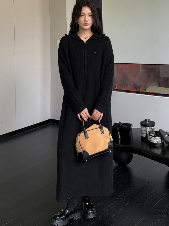 Damen Geripptes Kapuzen-Strickmaxikleid mit halbem Reißverschluss und weitem Fall Drune