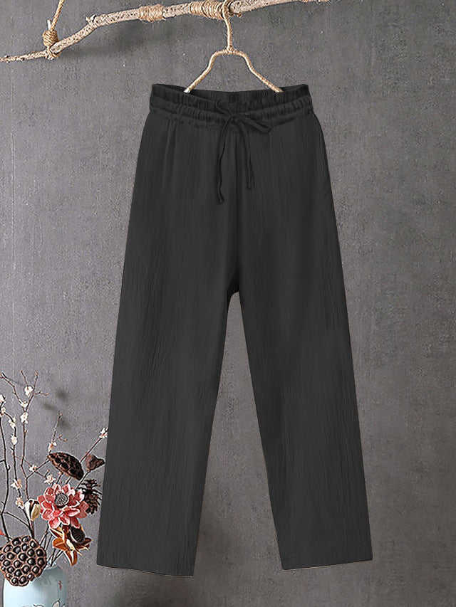 Damen Crinkle Leinenmischung Hose mit elastischem Kordelzug, gerade Beinform und lässiger Passform Drune