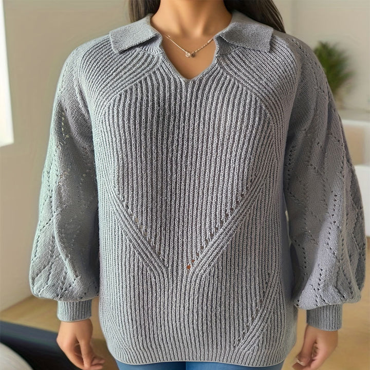 Damen Strickpullover mit eleganter Stickerei und auffälligem V-Ausschnitt Drune