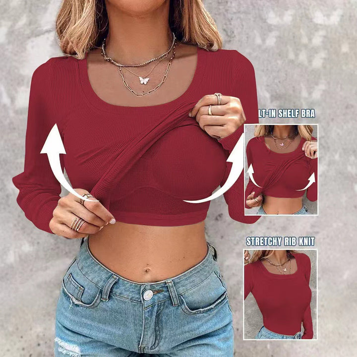 Damen Cropped Rippenstrick Langarmshirt mit integriertem Bustier Drune