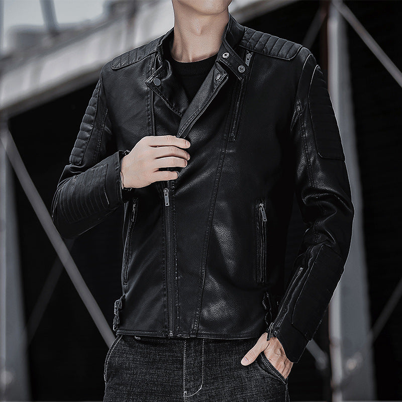 Herren Slim-Fit Kunstleder-Bikerjacke mit gesteppten Ärmelpaneelen, asymmetrischem Reißverschluss und Stehkragen Drune