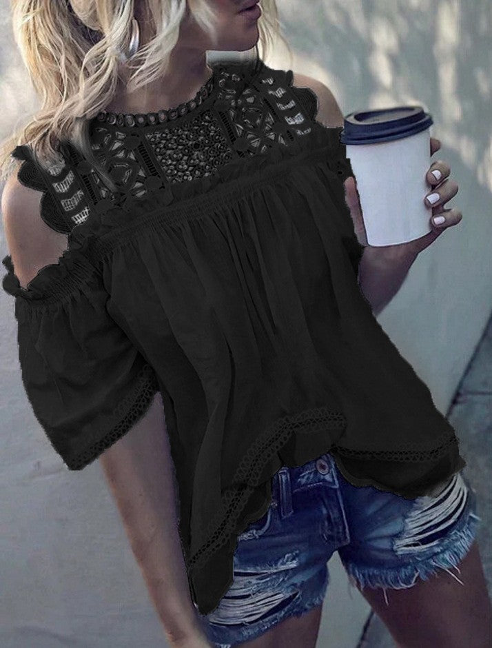 Damen nan luftige Cold-Shoulder-Bluse mit gehäkeltem Stehkragen, geraffter Brustpartie und gewelltem Saum Drune