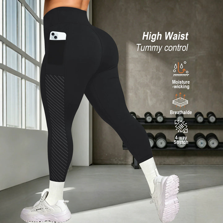 Damen High-Waist Sportleggings knöchellang mit seitlicher Handytasche und Struktur-Panel Drune