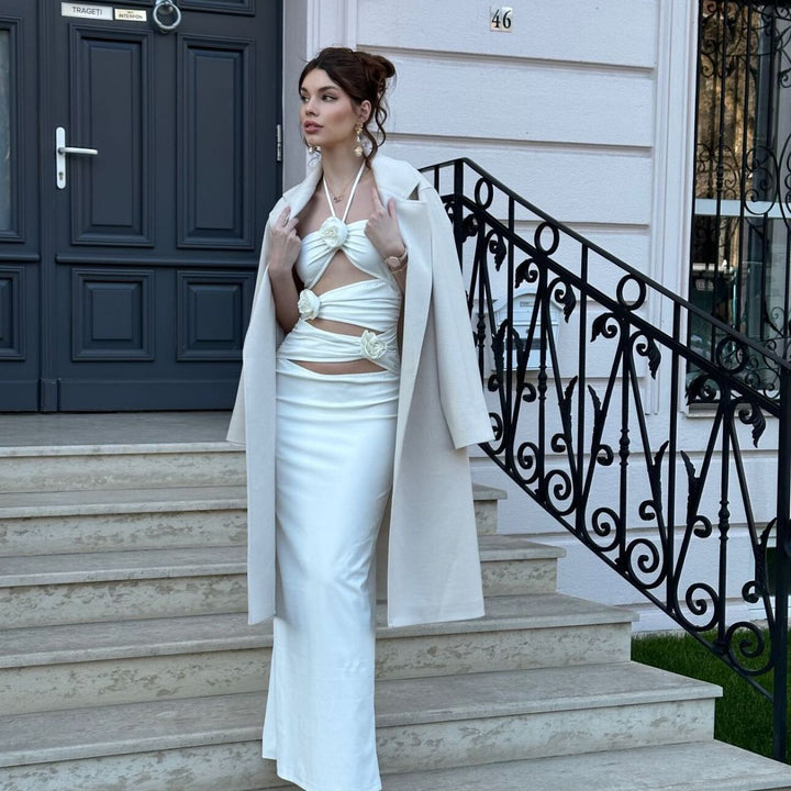 Damen Elegantes Maxikleid mit raffinierten drapierten Details und floralem Akzent Drune