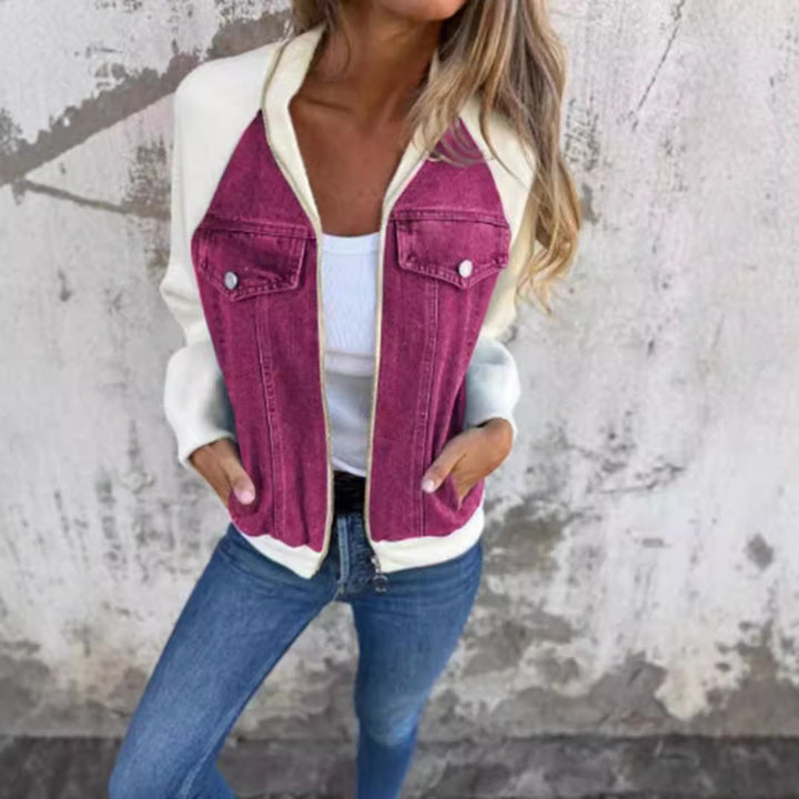 Damen nan Sweat-Jeans-Bomberjacke mit Raglanärmeln Brustklappen und Reißverschluss Drune