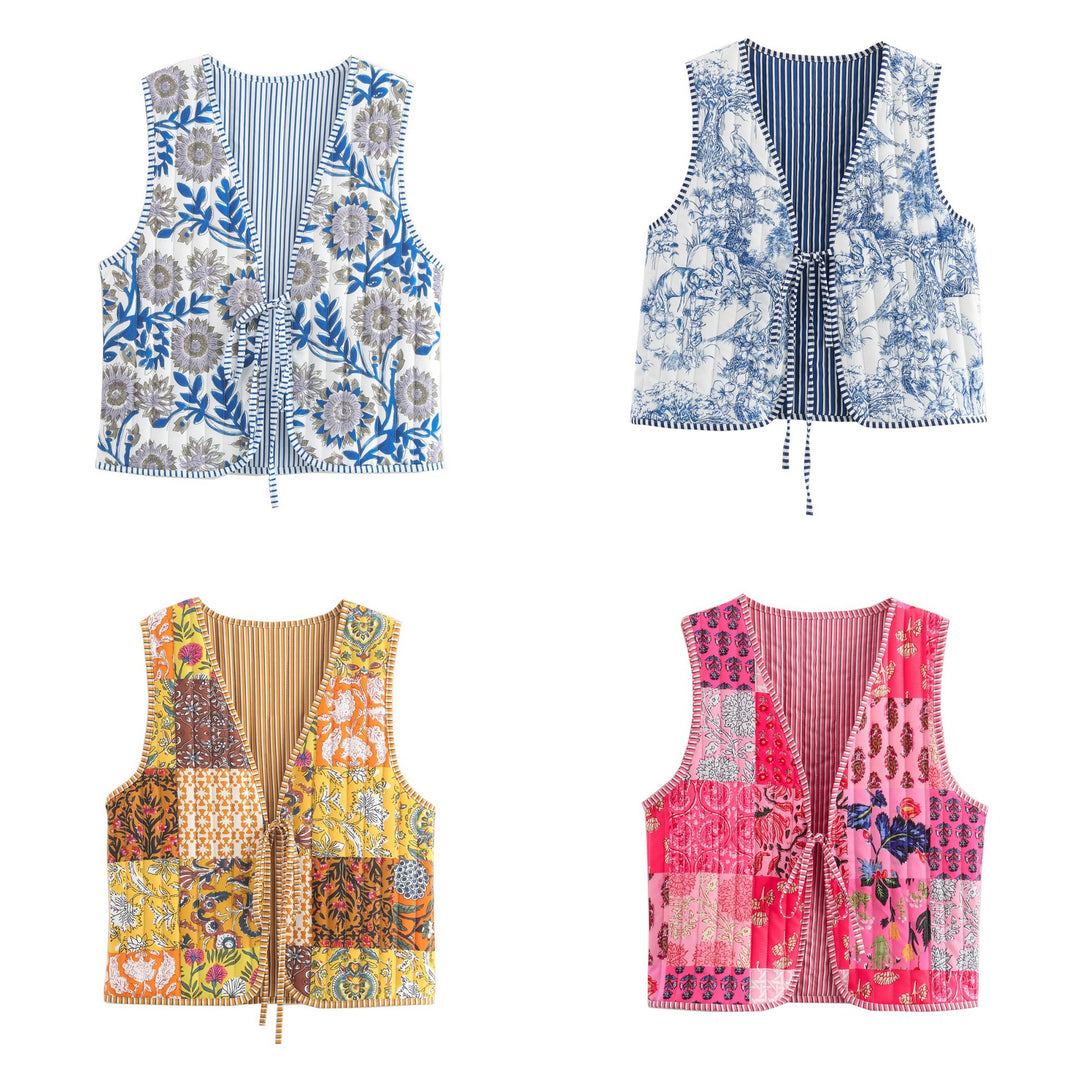 Damen Patchwork‑Weste mit Bindeband, gestreifter Innenverarbeitung und Kontrastpaspel Drune