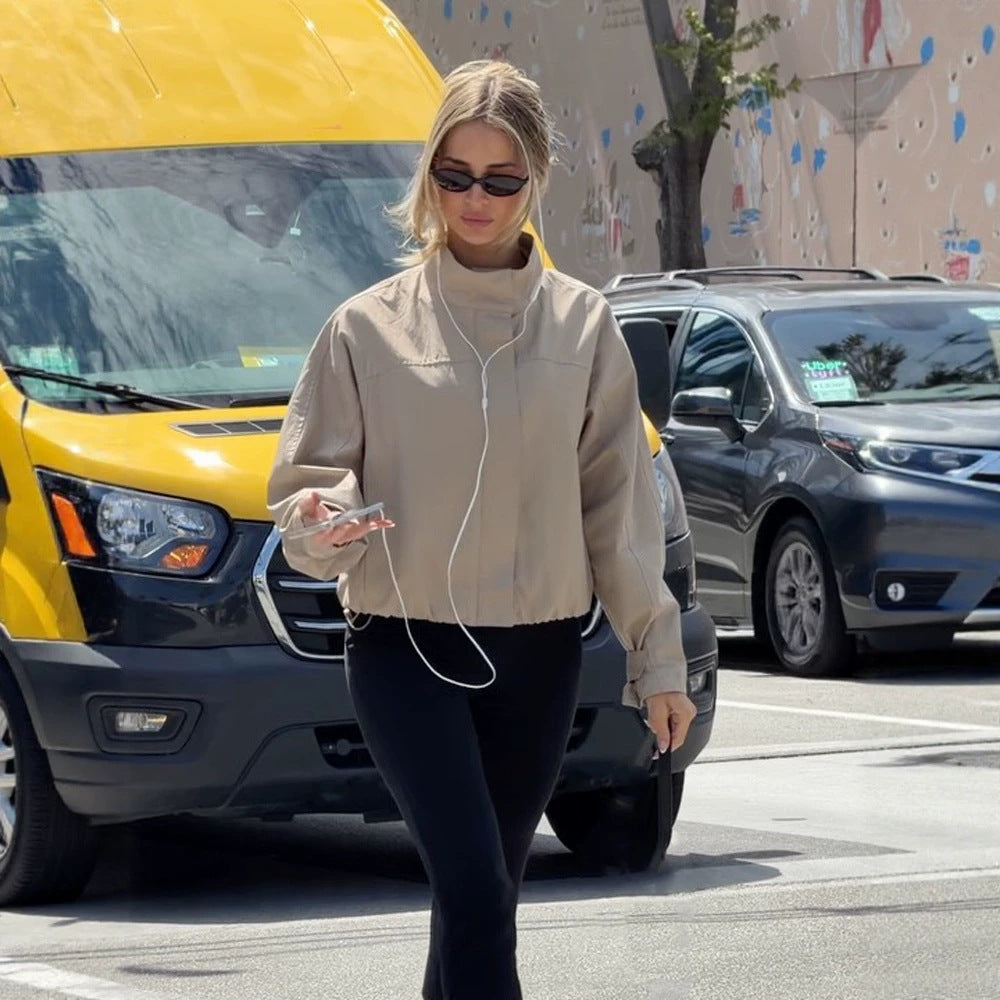 Damen Leichte Cropped-Utility-Jacke mit Stehkragen, verdeckter Knopfleiste und elastischem Saum Drune