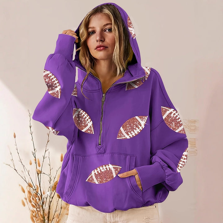 Damen Oversized Kapuzenpullover mit halbem Reißverschluss und Pailletten‑Football-Applikation Drune