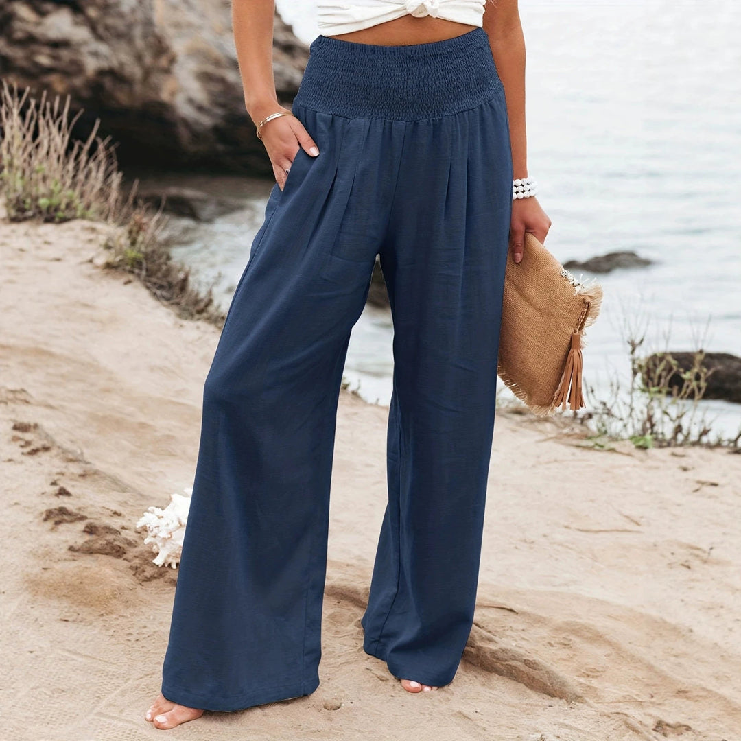 Damen Weite Leinenhose mit Smokbund und Eingrifftaschen Drune