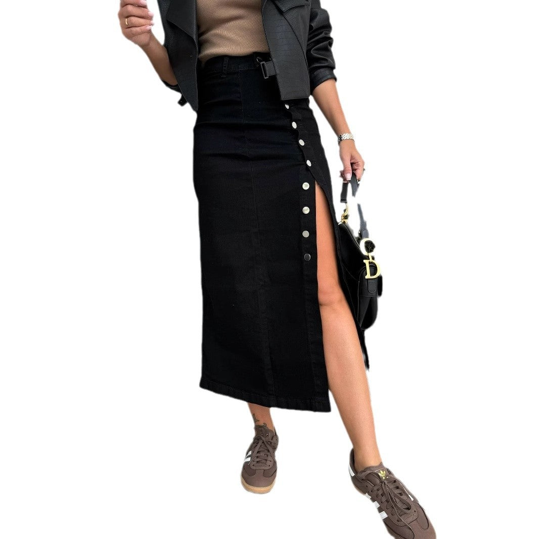 Damen nan taillenhoher Midirock aus Stretchdenim mit seitlichem Druckknopf-Schlitz und figurbetonter Passform Drune