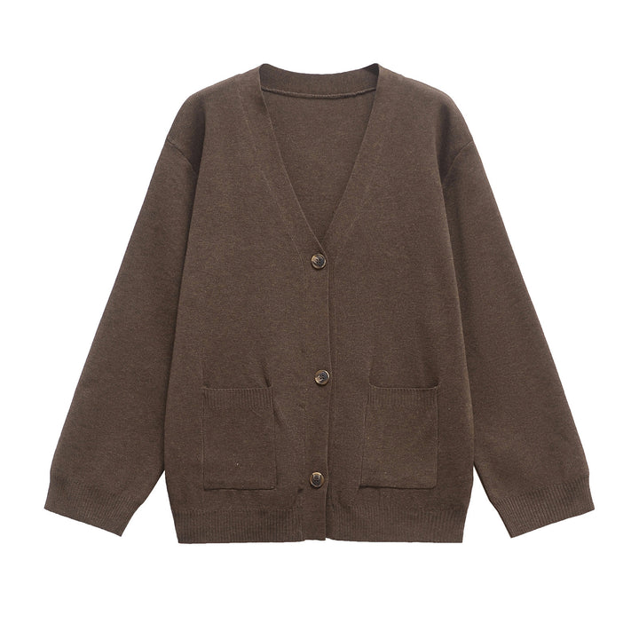 Damen 200+ Oversize Feinstrick‑Cardigan mit V‑Ausschnitt, Holzknöpfen und aufgesetzten Taschen Drune