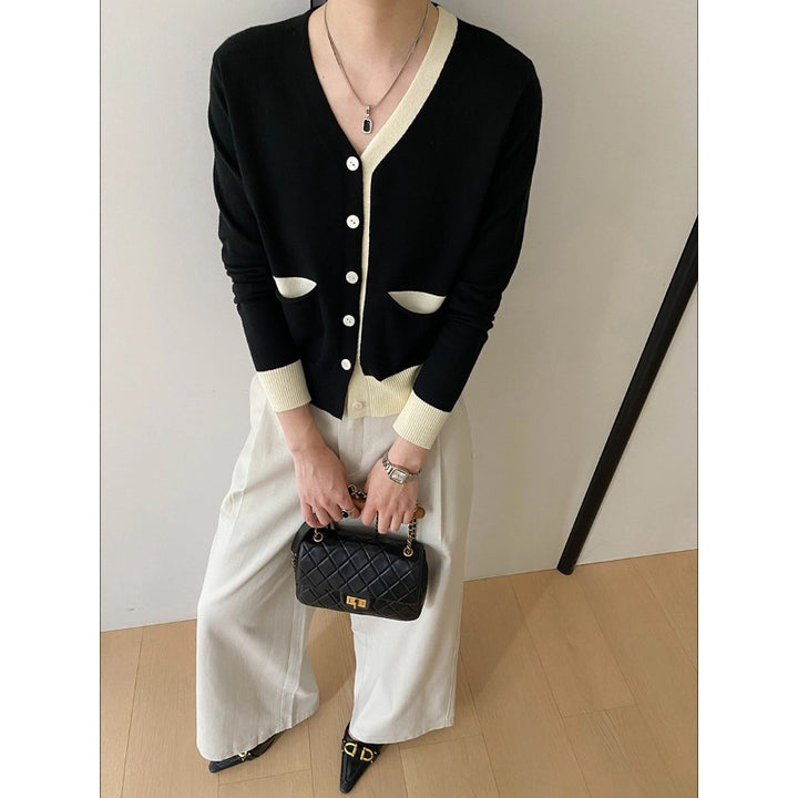 Damen feine Strickjacke mit V-Ausschnitt und praktischen Taschen Drune
