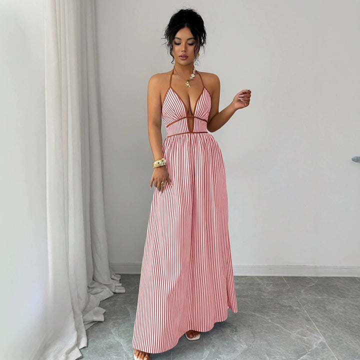 Damen Gestreiftes Neckholder-Maxikleid mit tiefem V-Ausschnitt und Taillen-Cut-Out Drune