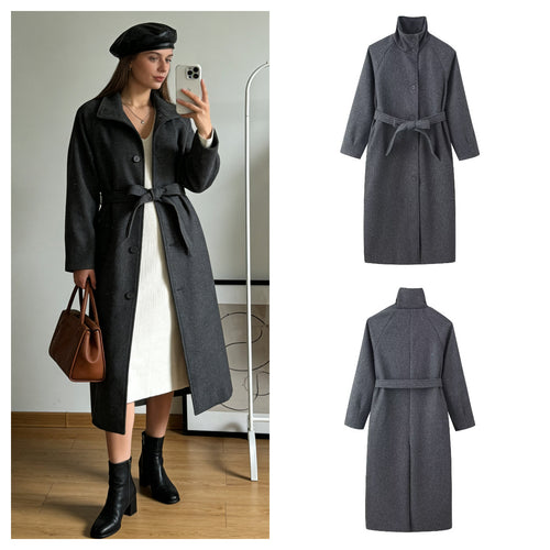 Damen elegante Übergangsjacke mit hochgeschlossenem Kragen und Taillengürtel Drune