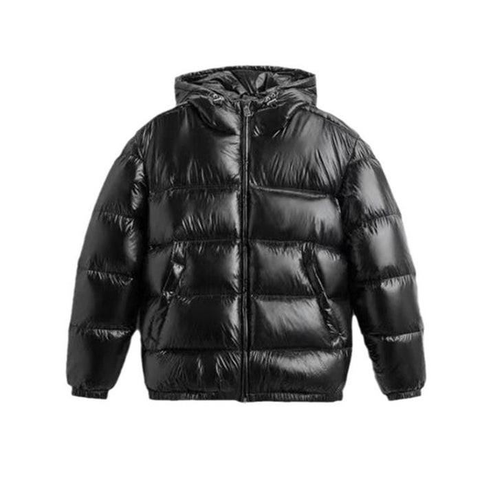 Damen Steppdaunenjacke mit Kapuze und Hochglanz-Oberfläche, Zwei-Wege-Reißverschluss und Kängurutaschen Drune