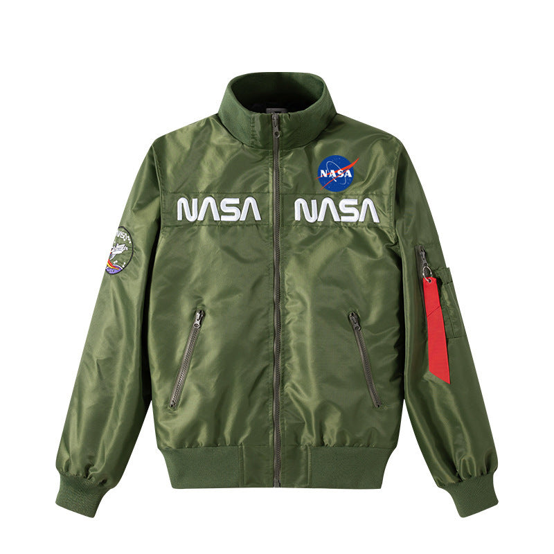 Men's  retro space-logo nylon zip bomber with angled zip pockets and utility sleeve tab Drune