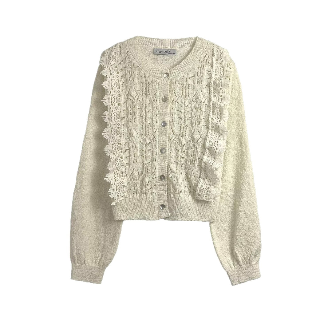 Damen Strickjacke mit filigranen Häkelakzenten und Knopfleiste Drune