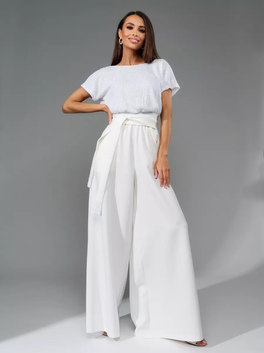 Damen Glitzernder Jumpsuit mit weitem Bein und Taillengürtel Drune