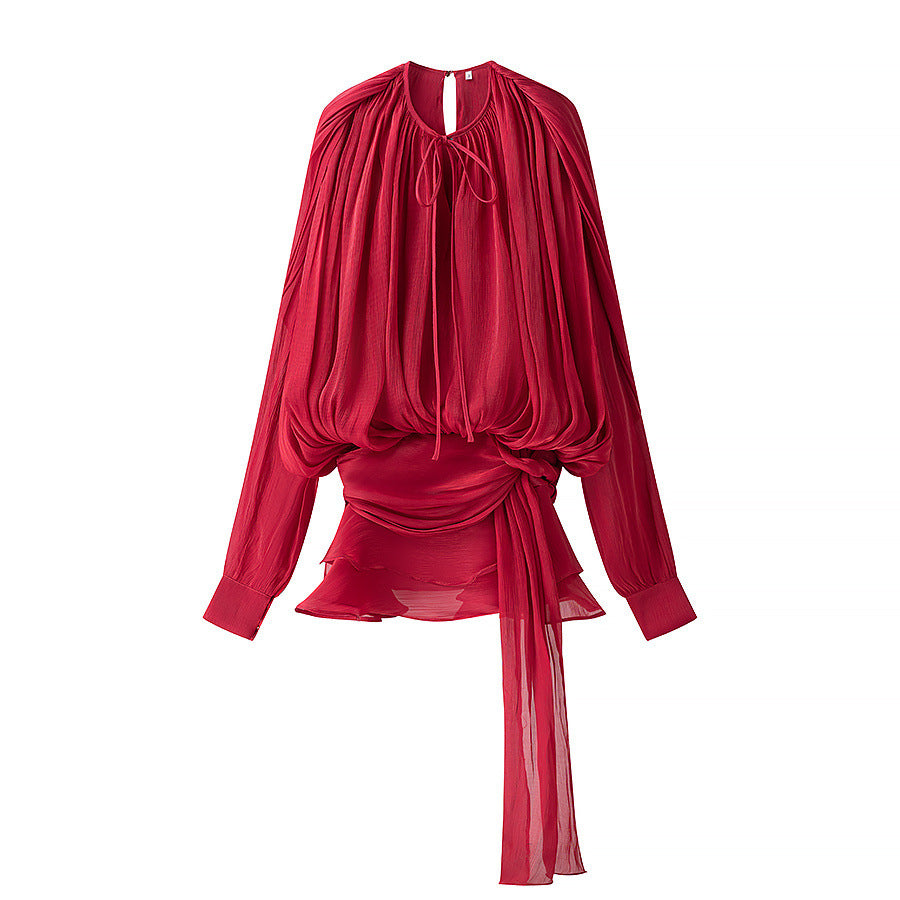 Damen nan luftiges Chiffon-Wickelblusen-Set mit Schärpe und Lagen-Shorts Drune