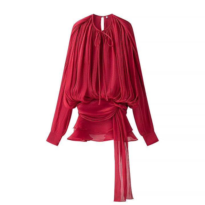 Damen nan luftiges Chiffon-Wickelblusen-Set mit Schärpe und Lagen-Shorts Drune