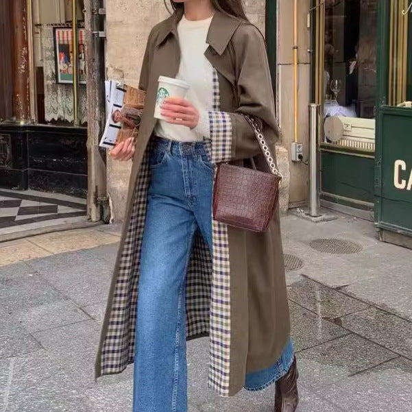 Damen modischer Trenchcoat mit Karodetails und praktischen Taschen Drune