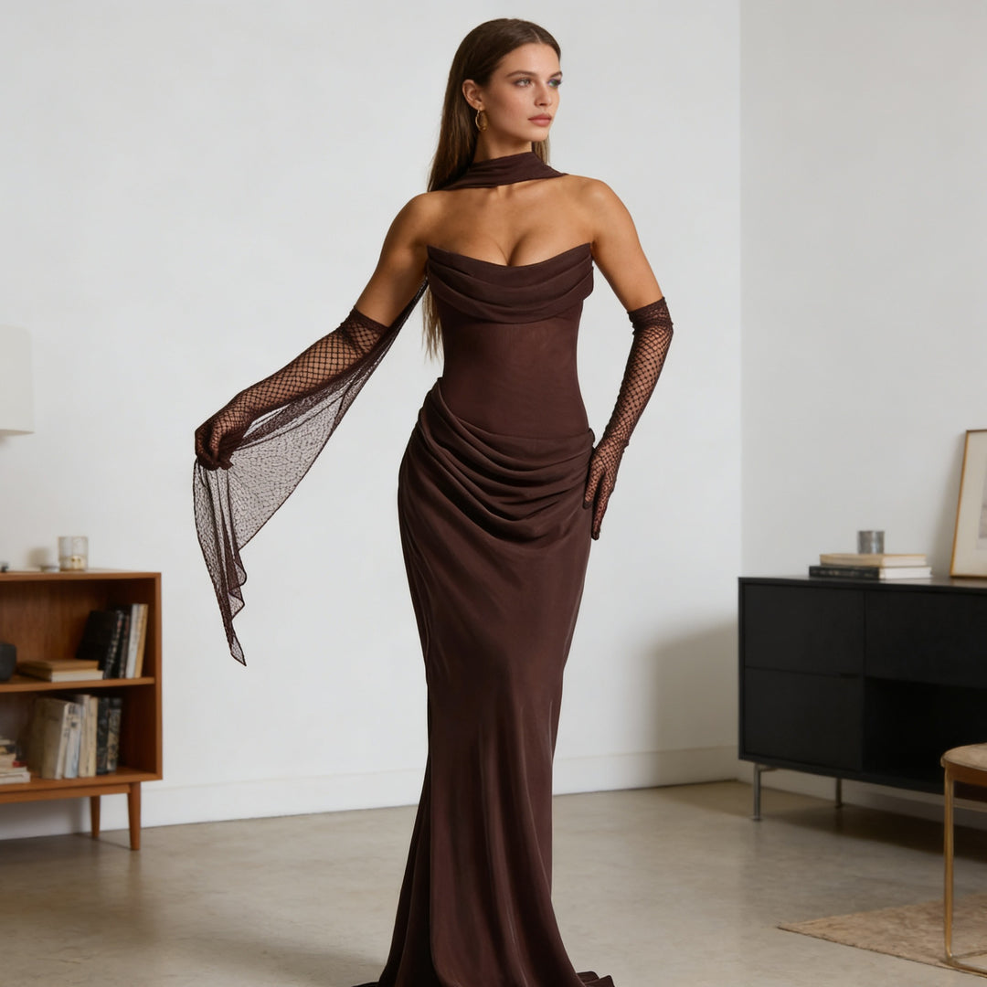 Damen Elegantes schulterfreies Maxikleid mit verführerischem Rüschendetail Drune
