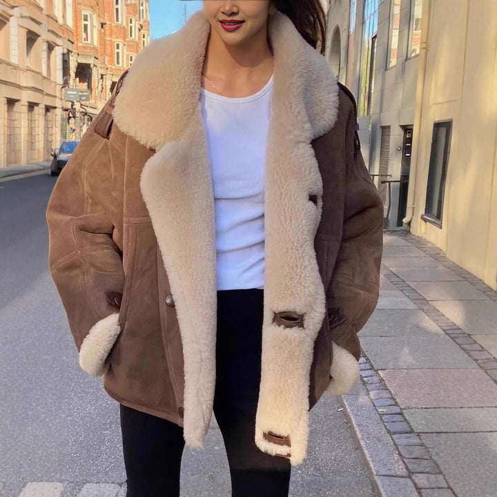 Damen Teddy-Lederjacke mit ausgefallenem Kragen und abnehmbaren Details Drune