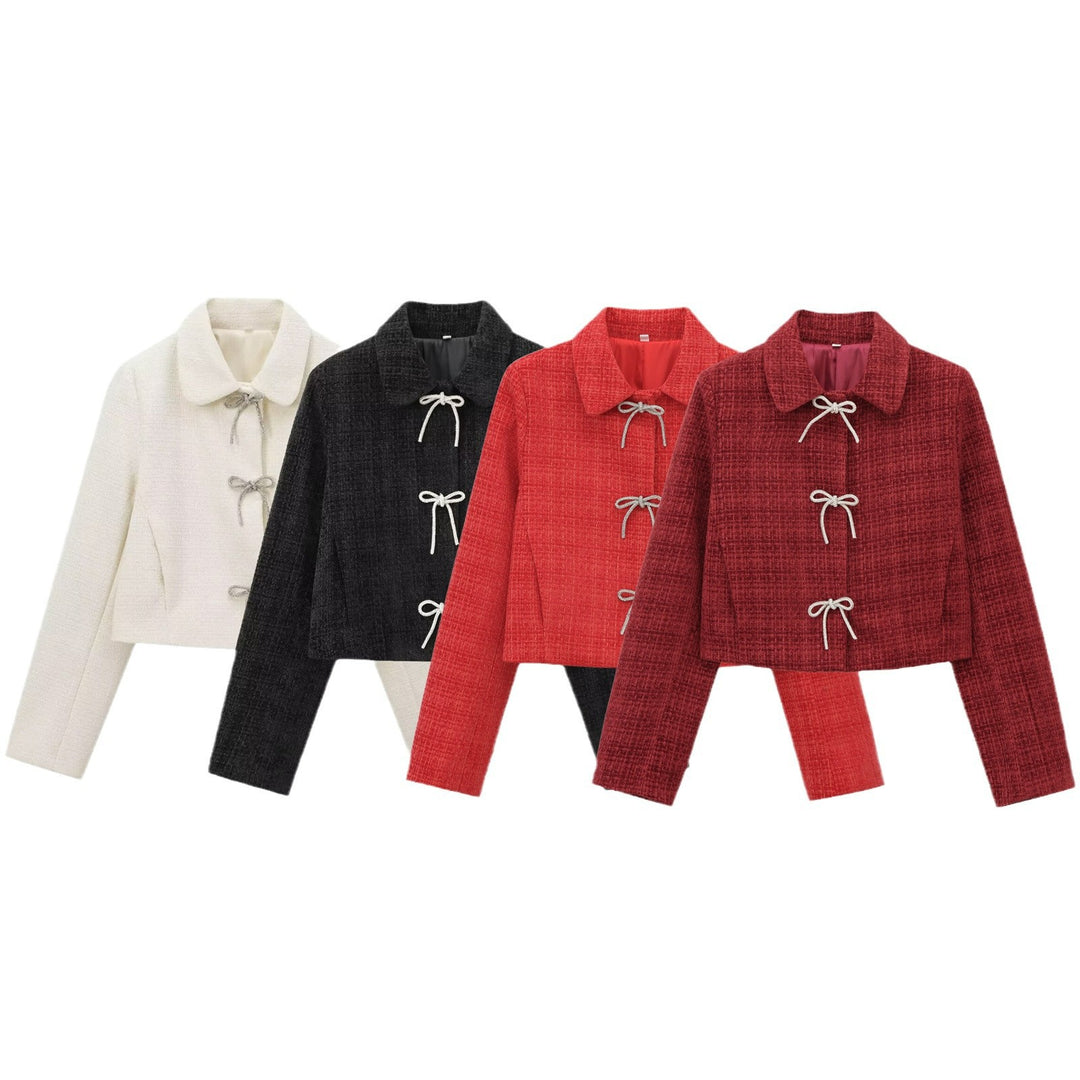 Damen Kurze Bouclé‑Tweed‑Jacke mit Peter‑Pan‑Kragen und dekorativen Schleifenverschlüssen Drune