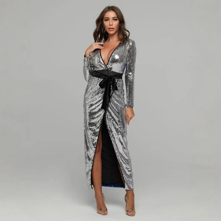 Damen Glamouröses Abendkleid mit tiefem V-Ausschnitt und seitlichem Schlitz Drune