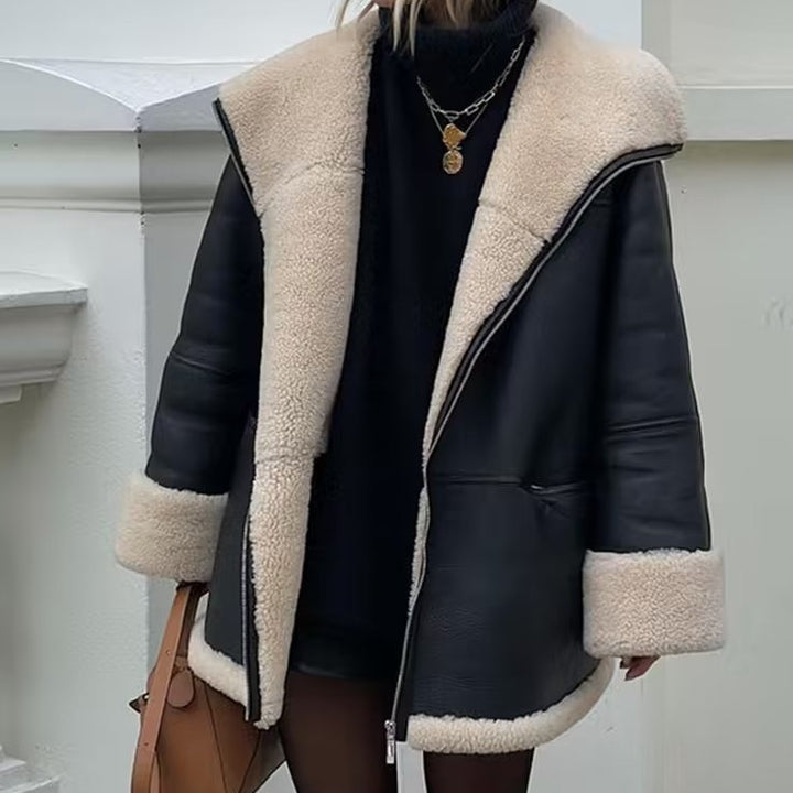Damen nan oversized Aviator‑Blouson aus veganem Lederimitat mit Teddyfutter und verdecktem Reißverschluss Drune
