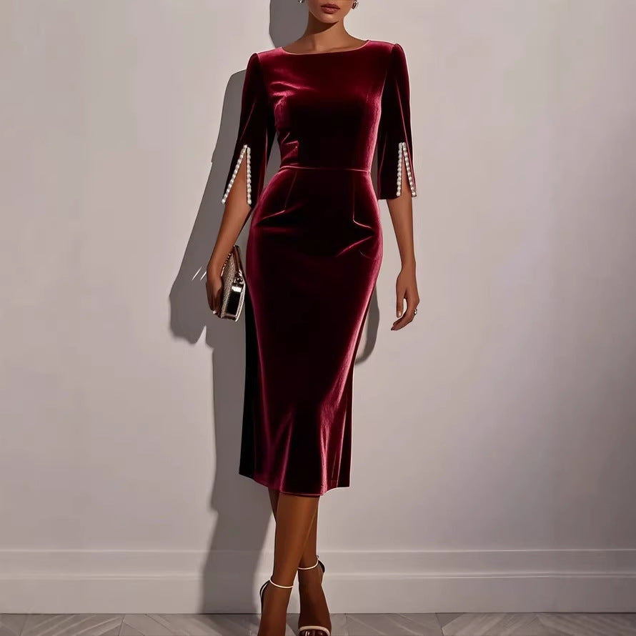 Damen elegantes figurbetontes Samtkleid mit Perlendetails Drune