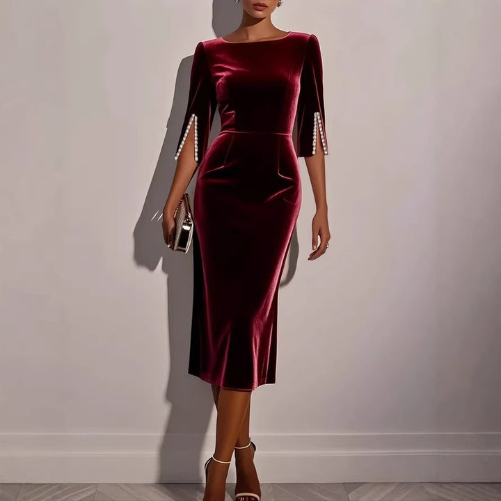 Damen elegantes figurbetontes Samtkleid mit Perlendetails Drune