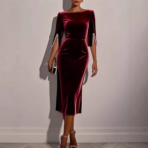 Damen elegantes figurbetontes Samtkleid mit Perlendetails Drune