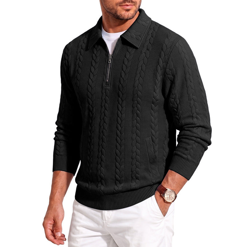 Herren Polokragen-Strickpullover mit Zopfstruktur und Halbzip Drune