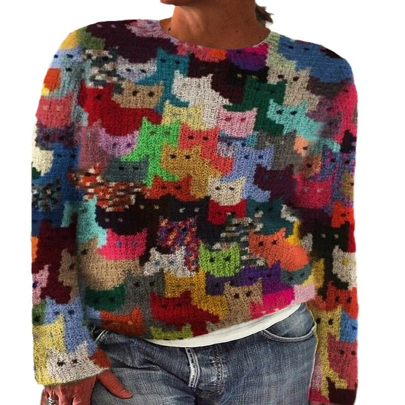 Damen Strickpullover mit verspieltem Katzenmuster Drune