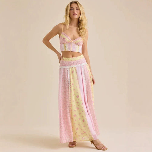 Damen nan romantisches Crop-Top mit Spaghettiträgern und gestuftem Patchwork-Maxirock Drune