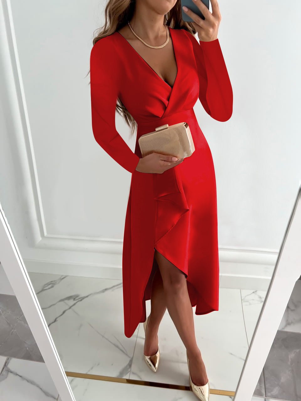 Drune | Elegantes V-Ausschnitt Wickelkleid mit langen Ärmeln für Damen