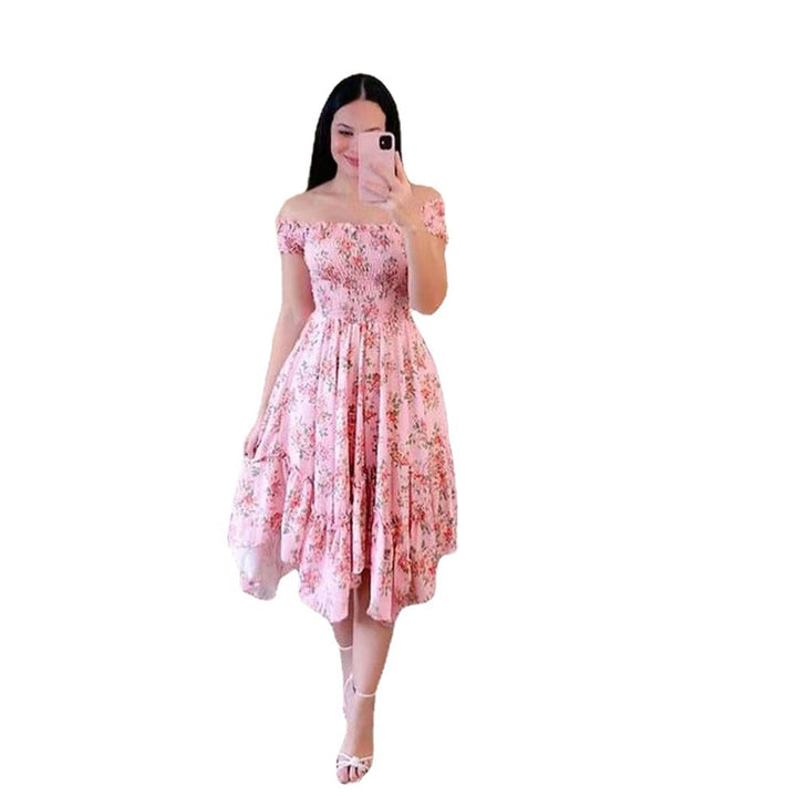 Damen Sommerliches Off-Shoulder Kleid mit farbenfrohem Schmetterlingsmuster und geschmeidigem Faltenwurf Drune