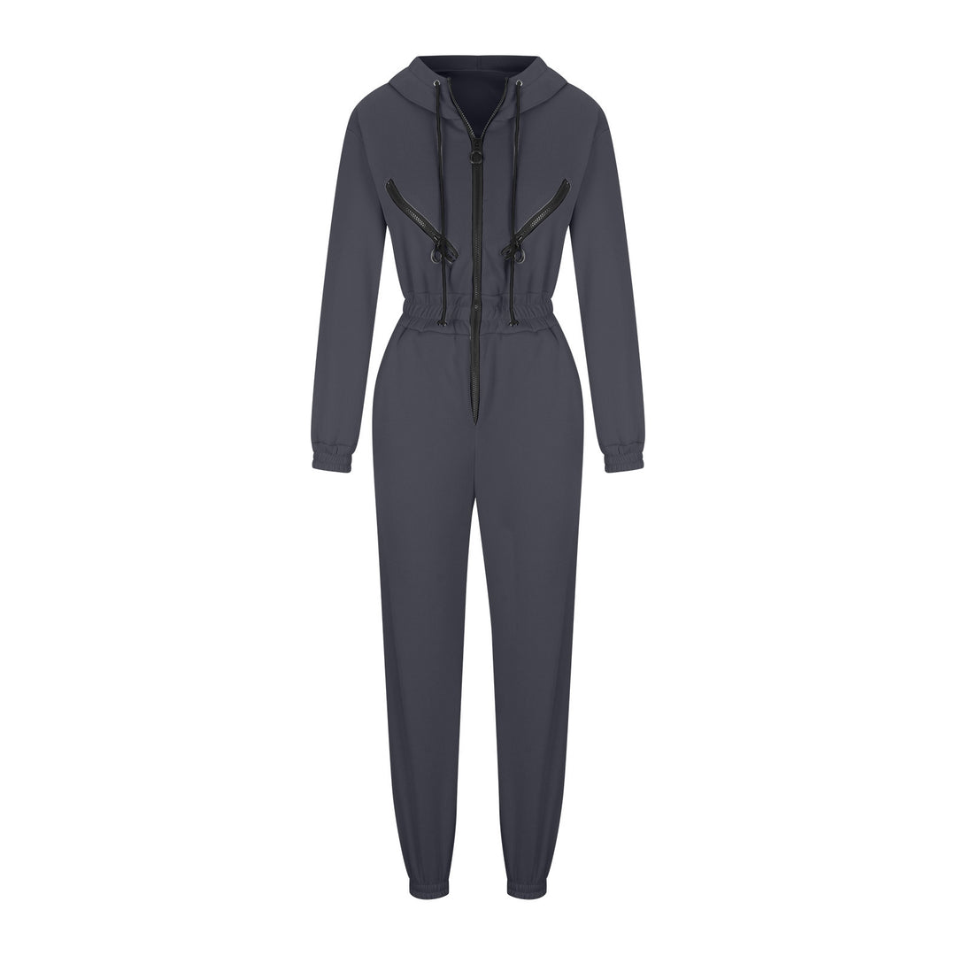 Damen taillierter Kapuzen-Jumpsuit mit elastischem Bund und markanten Kontrast-Reißverschlüssen Drune