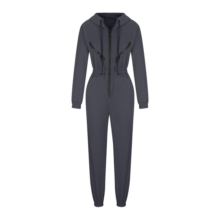 Damen taillierter Kapuzen-Jumpsuit mit elastischem Bund und markanten Kontrast-Reißverschlüssen Drune