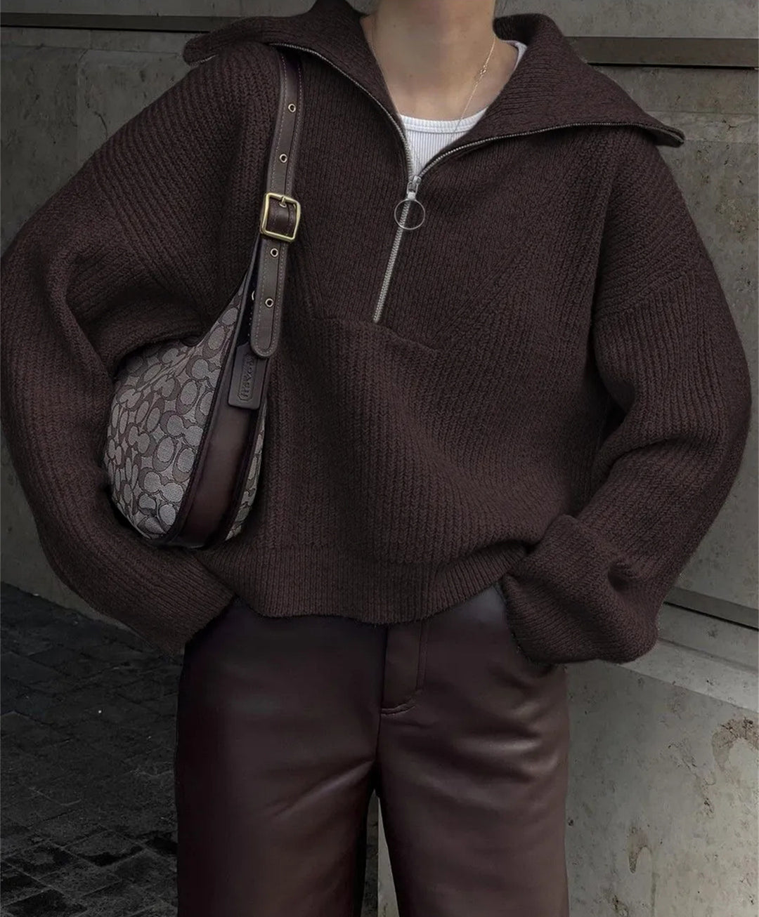 Damen modischer Strickpullover mit hohem Kragen und Reißverschluss Drune